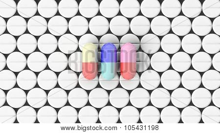 Colorful caplets on top of white round pills background.