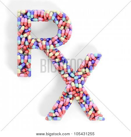 Colorful caplets in shape of Rx, isolated on white background.