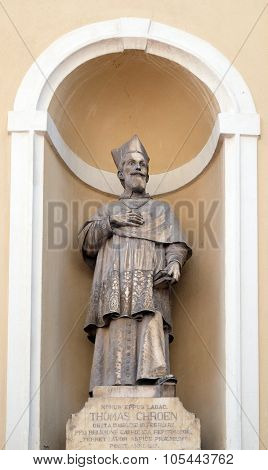 LJUBLJANA, SLOVENIA - JUNE 30: Tomaz Hren, bishop of Ljubljana on the facade of St Nicholas Cathedral in the capital city of Ljubljana, Slovenia on June 30, 2015