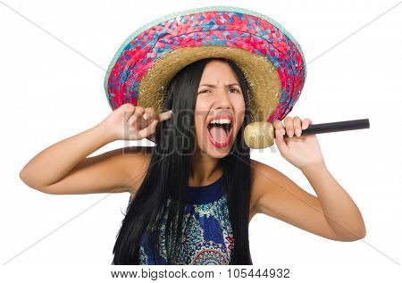 Young attractive woman wearing sombrero on white