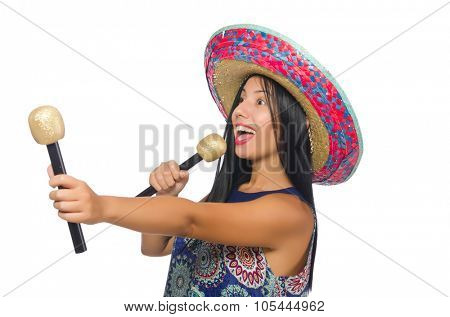 Young attractive woman wearing sombrero on white