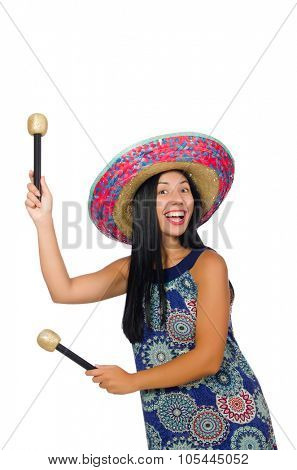 Young attractive woman wearing sombrero on white