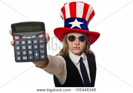 Woman with calculator isolated on white