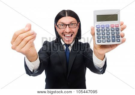 Man with calculator isolated on white