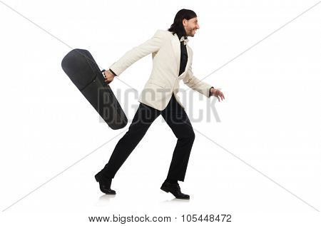 Man with violin case on whtie
