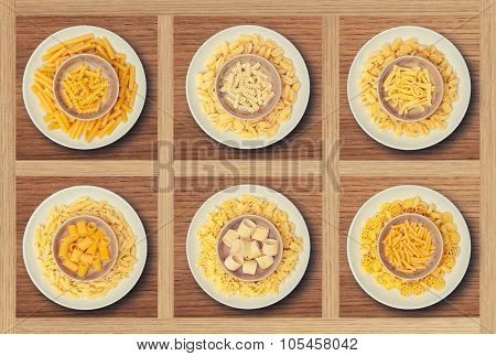 food background different kind of italian pasta