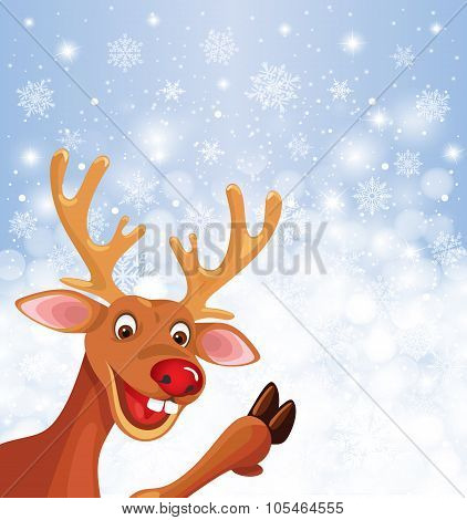 Reindeer Rudolph in corner on snowflake background
