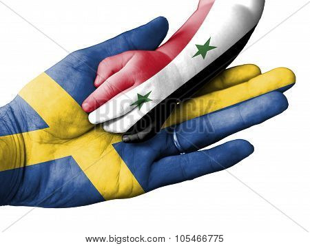 Adult Man Holding A Baby Hand With Sweden And Syria Flags Overlaid. Isolated On White