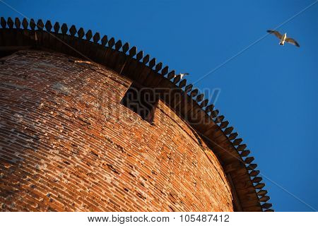Anceint brick Kremlin tower, view from the bottom, Nizhniy Novgorod,  Russia