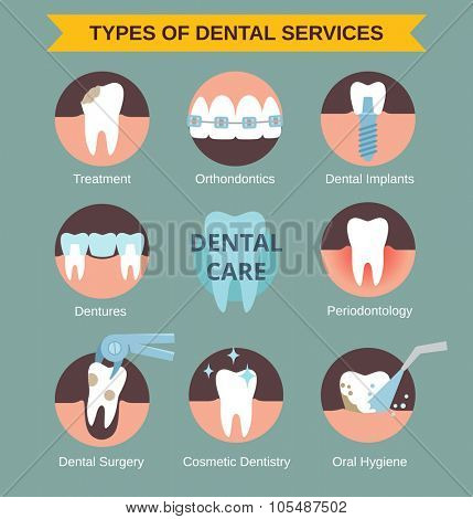 Types of dental clinic services. Vector infographic