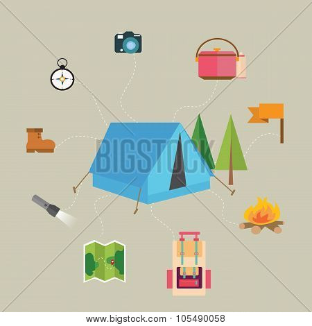camping hiking icon set of  map tent compass flag  adventure illustration
