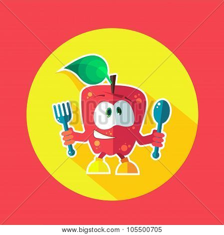 Round Flat Vector Icon With Chef Apple And Kitchenware