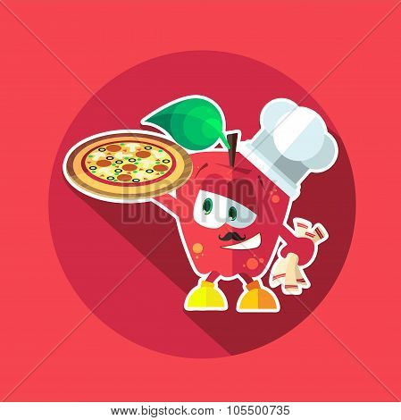 Round Flat Vector Icon With Chef Apple And Kitchenware