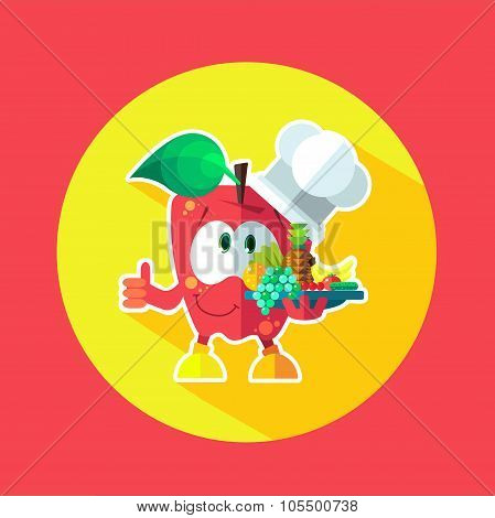 Round Flat Vector Icon With Chef Apple And Kitchenware