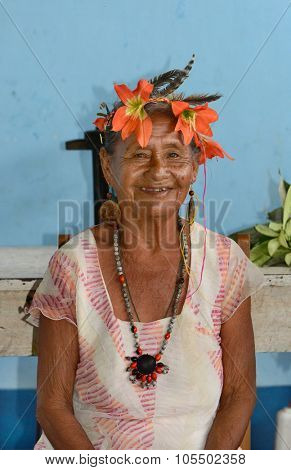 SANTA ANA VILLAGE, PERU - OCTOBER 16, 2015: Shaman in Santa Ana Village, near Iquitos, Peru. The medicine woman is an integral part of Amazonia culture.