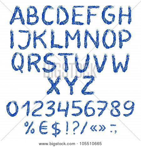 Grunge Painted Alphabet With Numbers And Symbols. Vector Set. Isolated On White Background