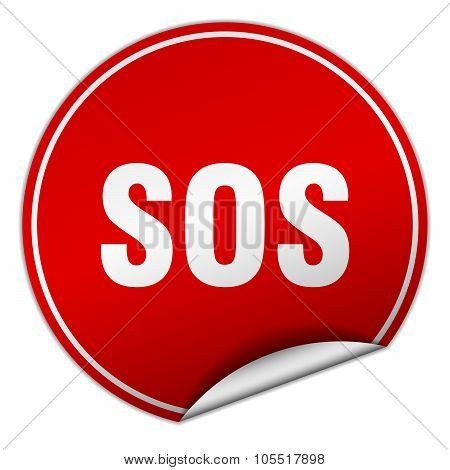 Sos Round Red Sticker Isolated On White