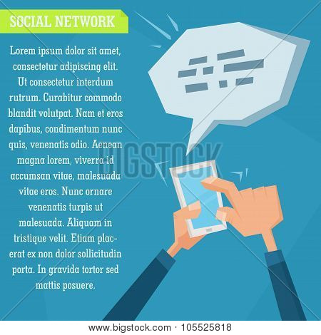 Vector Illustration Of Hands Holding Smartphone And Typing Text In Flat Infographic Style