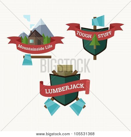 Set Of Vector Mountainside Labels, Lumberjack Coat Of Arms Design Elements.