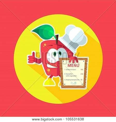 Round Flat Vector Icon With Chef Apple And Kitchenware