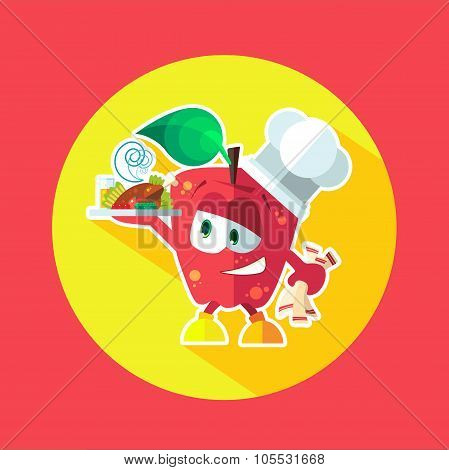 Round Flat Vector Icon With Chef Apple And Kitchenware