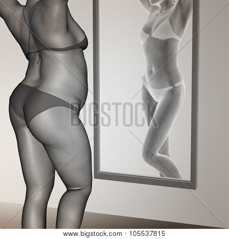 Concept or conceptual 3D woman, girl as fat, overweight vs fit healthy, skinny underweight anorexic female before and after diet over a mirror