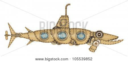 Steampunk style. Submarine isolated on white background. Photo compilation