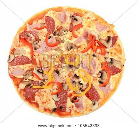 Mixed pizza from top on white background