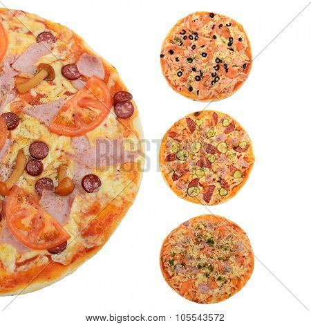 Collage of mixed pizza from top on white 