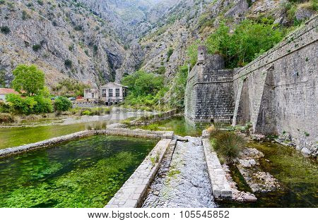 Fortress Wall Of Bastion Riva Near River Shkurda, Old Town Of Kotor, Montenegro
