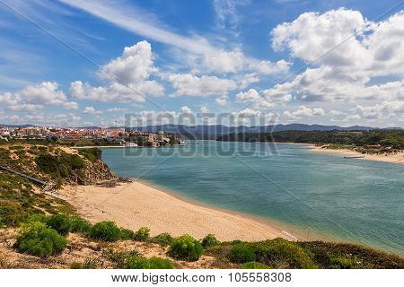 Beautiful Views Of The Village Milfontes. In The Summer The River.