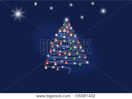 Illuminated Christmas tree with stars and bulbs decoration