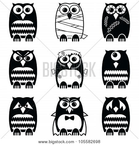 Halloween scary, spooky, mummy, cyclops, vampire. Monster, zombie owls
