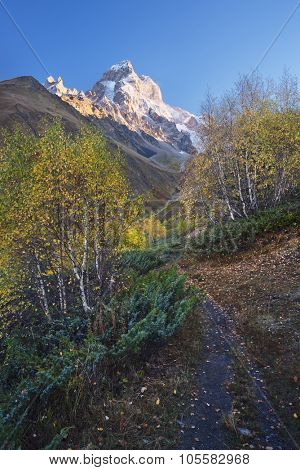 Autumn landscape. Path in the mountains. Mount Ushba, Main Caucasian ridge. Zemo Svaneti, Georgia 