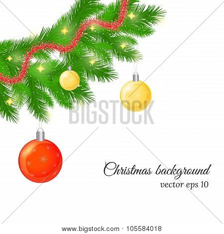Christmas And New Year Background With Fir Tree Twigs, Glossy Balls And Trumpery.