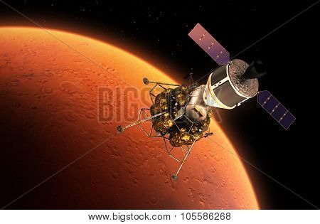 Interplanetary Space Station Orbiting Red Planet