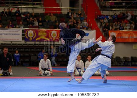 ST. PETERSBURG, RUSSIA - OCTOBER 17, 2015: Demonstration performance by St. Petersburg Shotokan Karate Federation during the martial arts festival Baltic Sea Cup in Sibur Arena