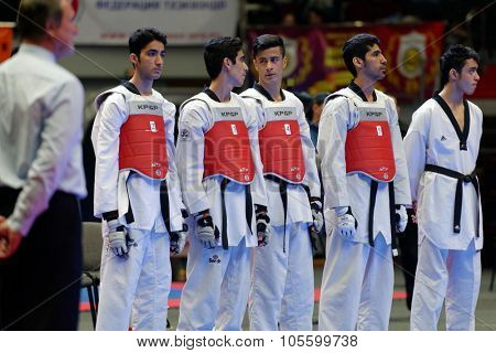 ST. PETERSBURG, RUSSIA - OCTOBER 17, 2015: Junior team Iran before the match against Russia during the martial arts festival Baltic Sea Cup in Sibur Arena. Iran won the match