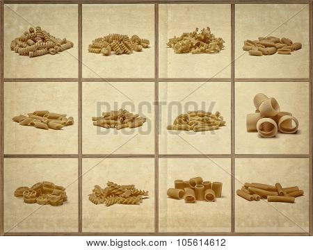 food background different kind of italian pasta
