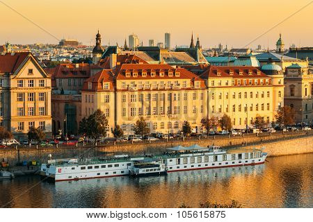 View of embakment in Prague, Czech Republic.