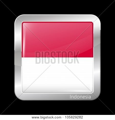 Flag Of Indonesia. Metallic Icon Square Shape