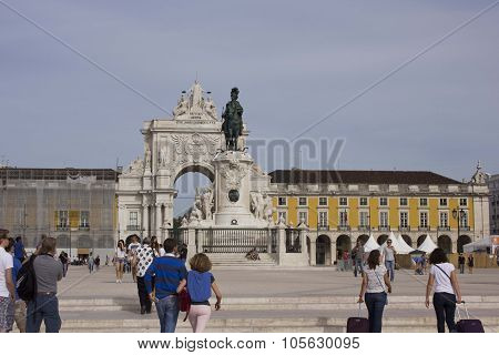 People Walking In Lisbon Commercial Square