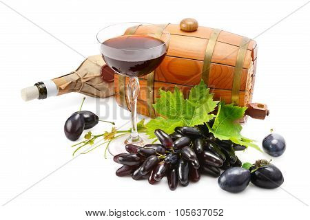 Glass Of Wine, Barrel And Bottle Isolated On White Background