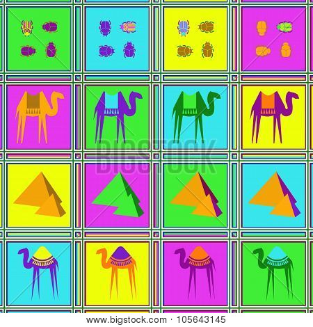 Seamless Pattern With Camels, Beetles And Palm Trees