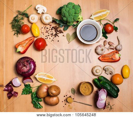 Colorful Salad Ingredients On Rustic Wooden Background With Copy Space, Round Frame, Top View. Fresh