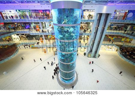 MOSCOW - DEC 05, 2014: Aquarium as a tall column inside the shopping and entertainment complex Aviapark, top view