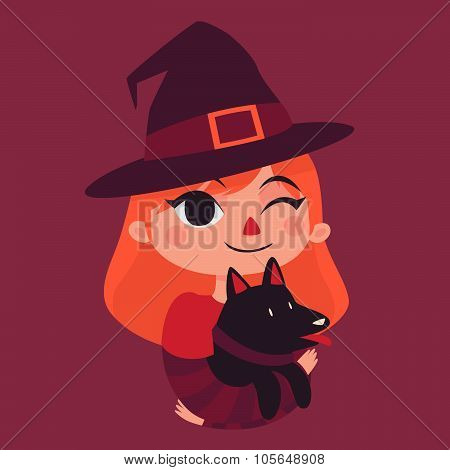 Witch Girl Holding A Black Dog