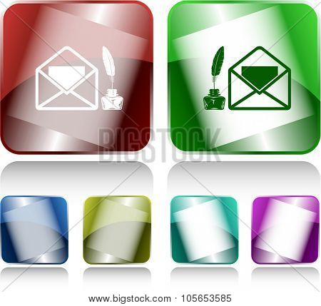 mail with feather and inkstandn . Internet buttons. Raster illustration.