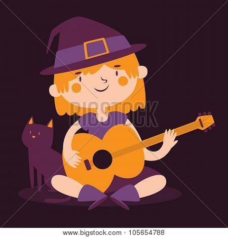 Witch Girl Playing Guitar Next To Her Cat