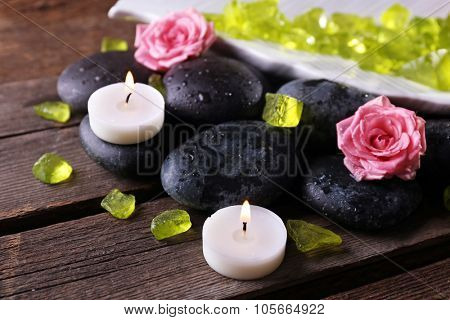 Relaxing composition on wooden background